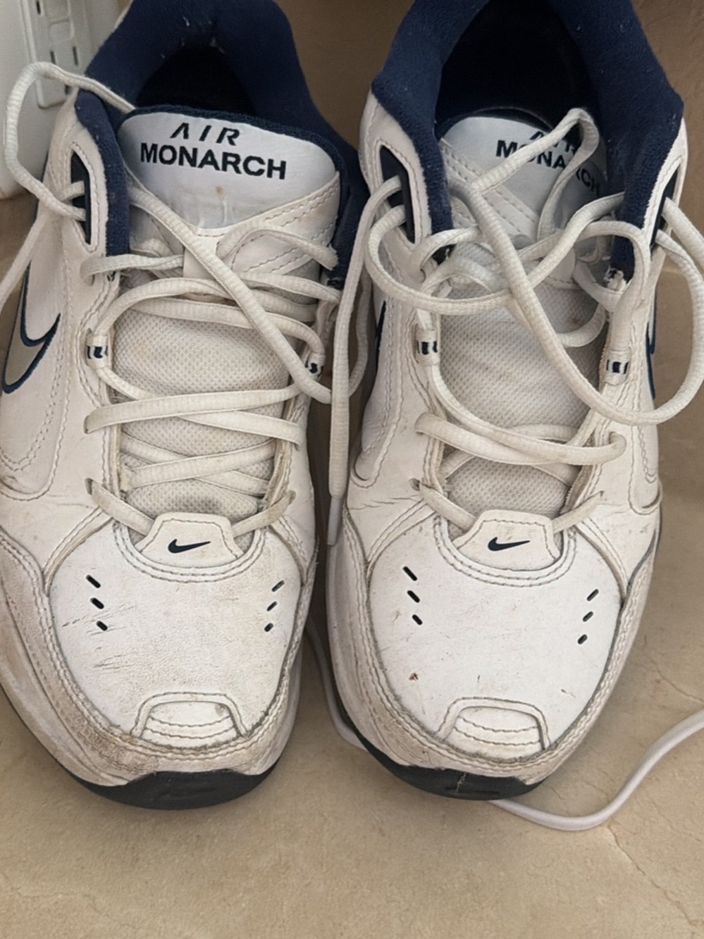 Nike White and Navy Air Monarch Lace-Up Sneakers